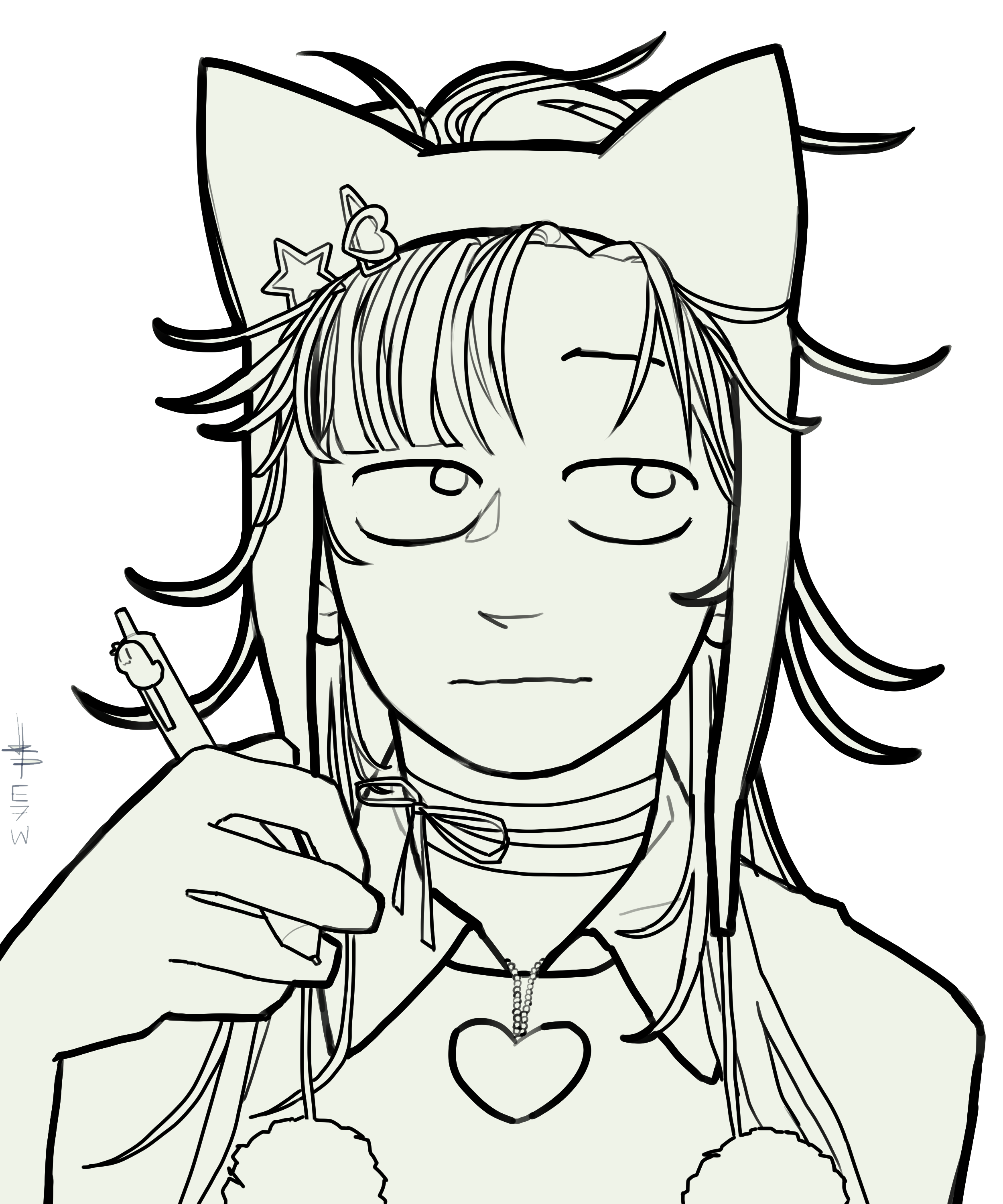 unrendered portrait of way 2 u kronii facing forward and looking to the side, looking slightly 
	  nervous. her right hand is raised and holding a pen.